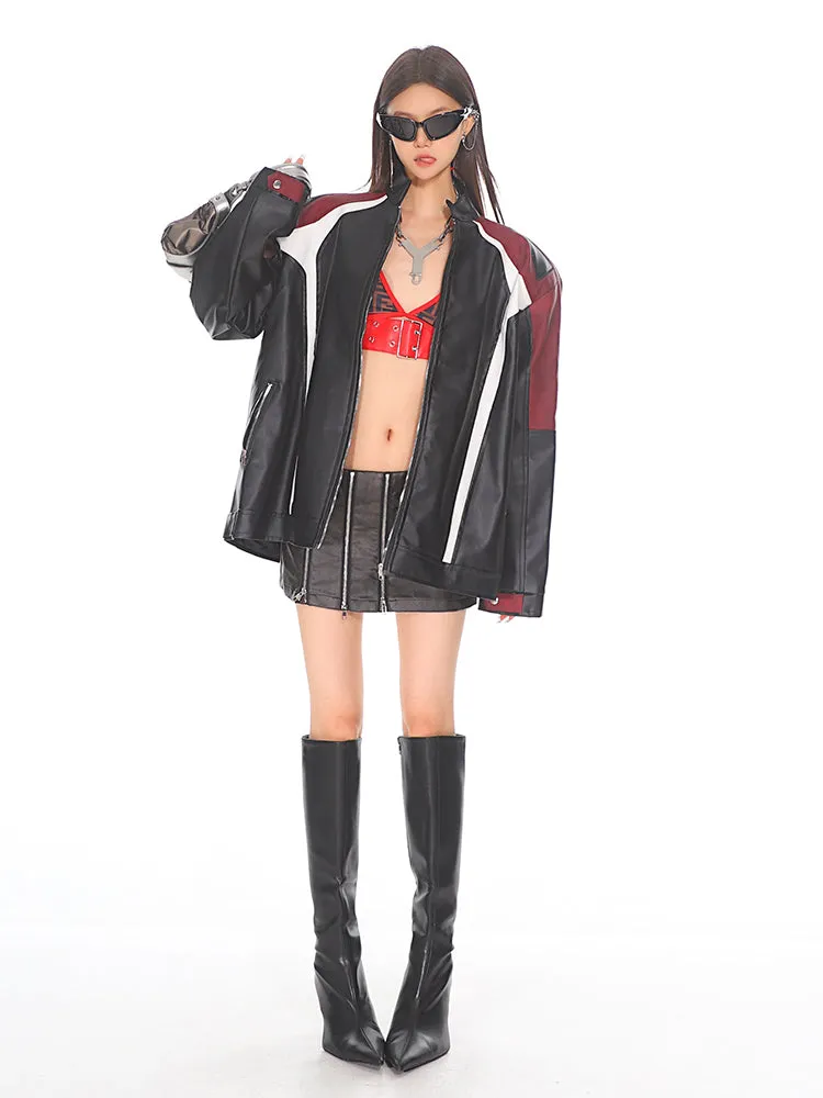 【24s Oct.】Black and Red Contrast Leather Motorcycle Jacket