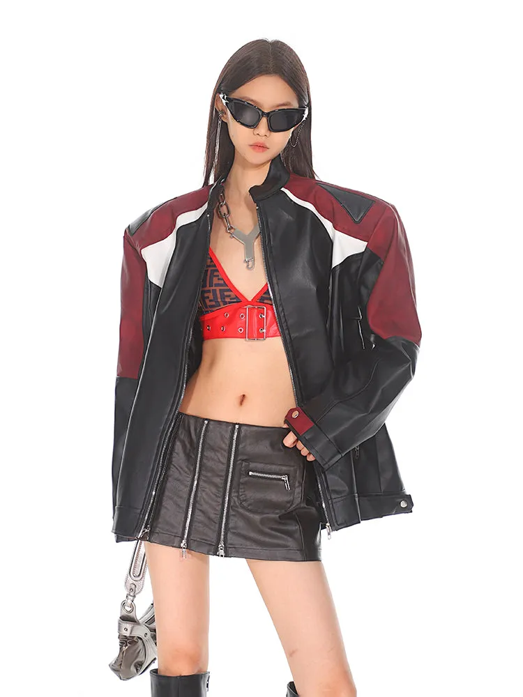 【24s Oct.】Black and Red Contrast Leather Motorcycle Jacket