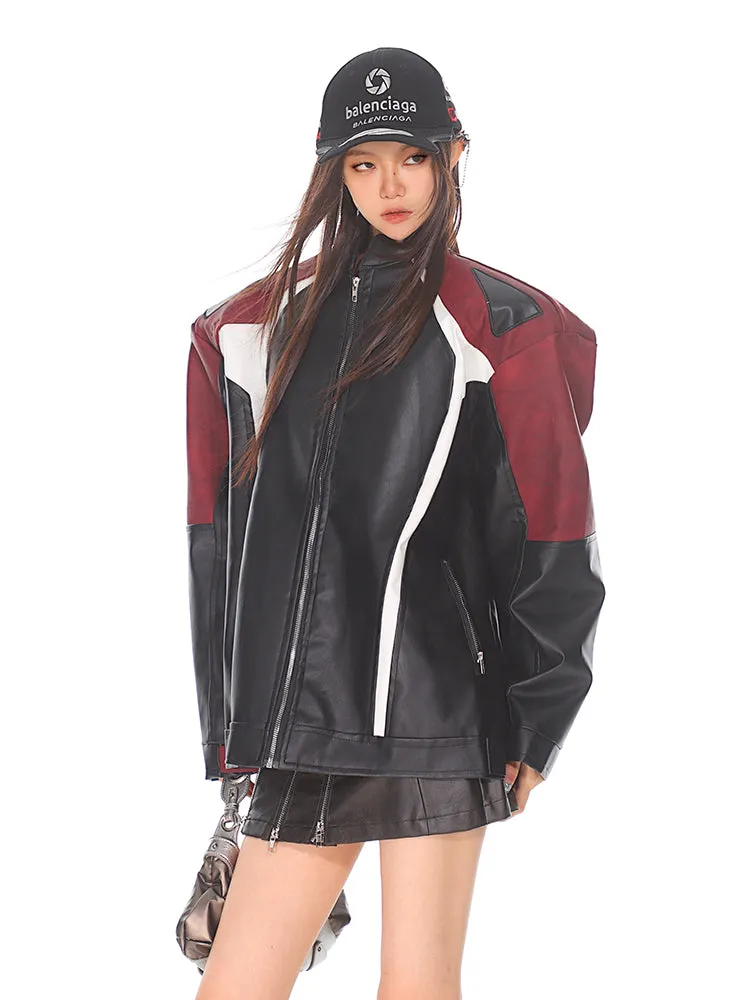 【24s Oct.】Black and Red Contrast Leather Motorcycle Jacket