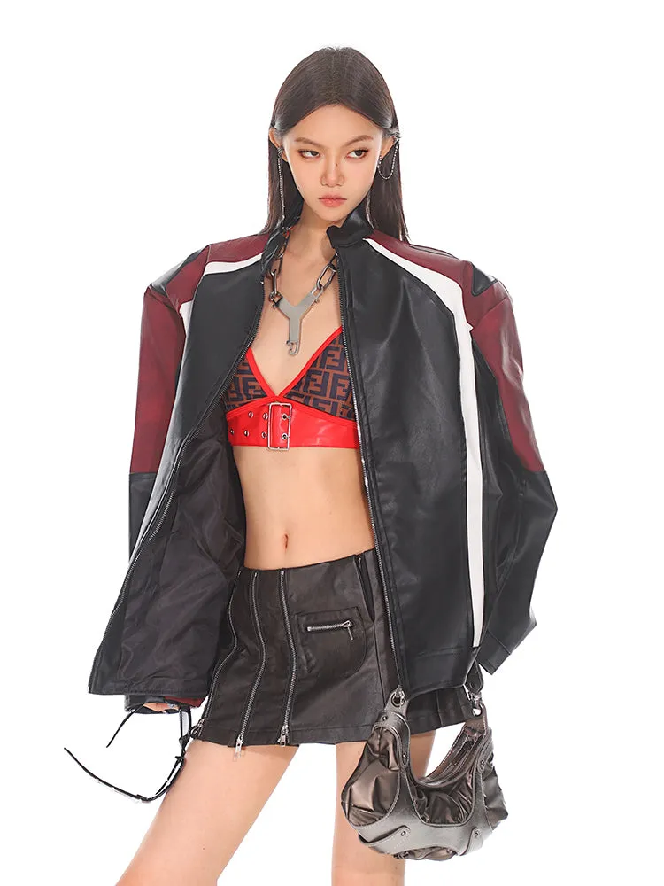 【24s Oct.】Black and Red Contrast Leather Motorcycle Jacket