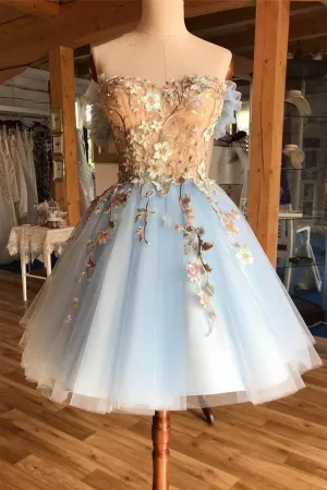 A Line Above-Knee Light Blue Tulle Homecoming Prom Dress with Appliques UQ1877