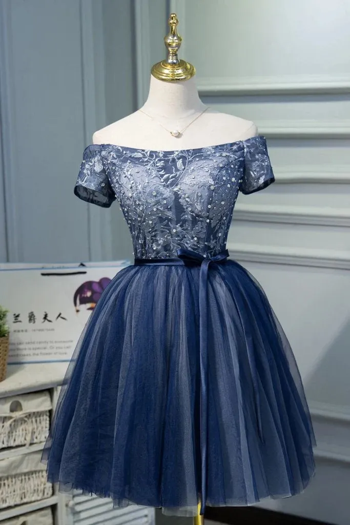 A Line Off the Shoulder Tulle Prom Dress with Belt, Cute Graduation Dress with Applique UQ1968