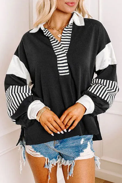 Autumn Sweater Fresh Cotton Oversizedpolo Collar Striped Color Contrast Patchwork Top