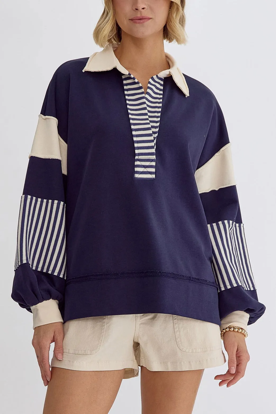 Autumn Sweater Fresh Cotton Oversizedpolo Collar Striped Color Contrast Patchwork Top