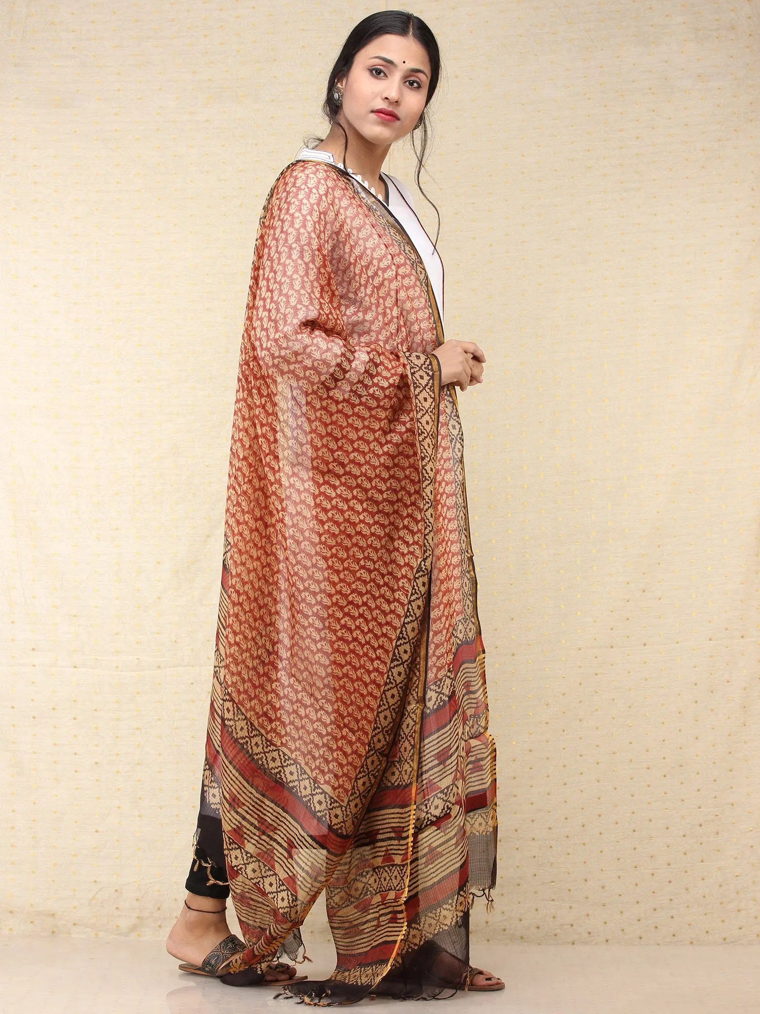 Beige Black Red Kota Silk Hand Block Printed Dupatta - D04170766