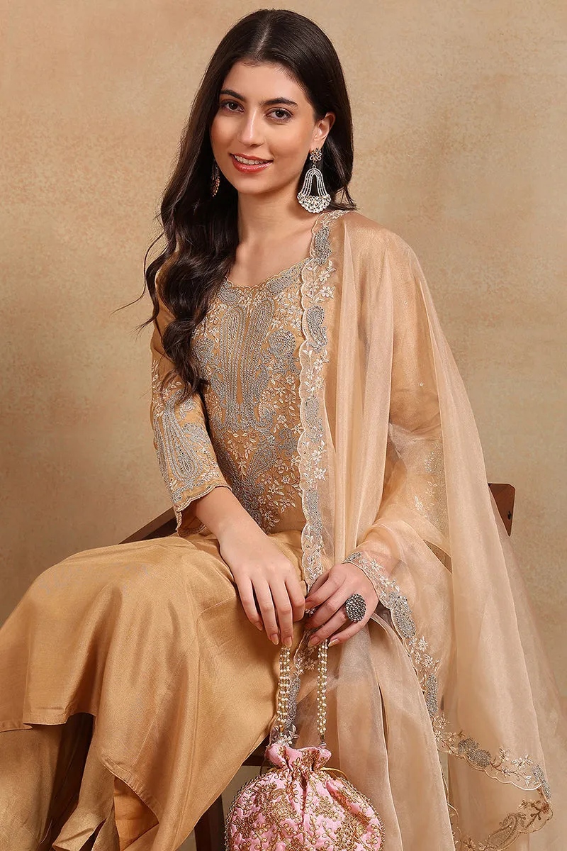 Beige Silk Blend Solid Yoke Design A Line Trouser Suit Set