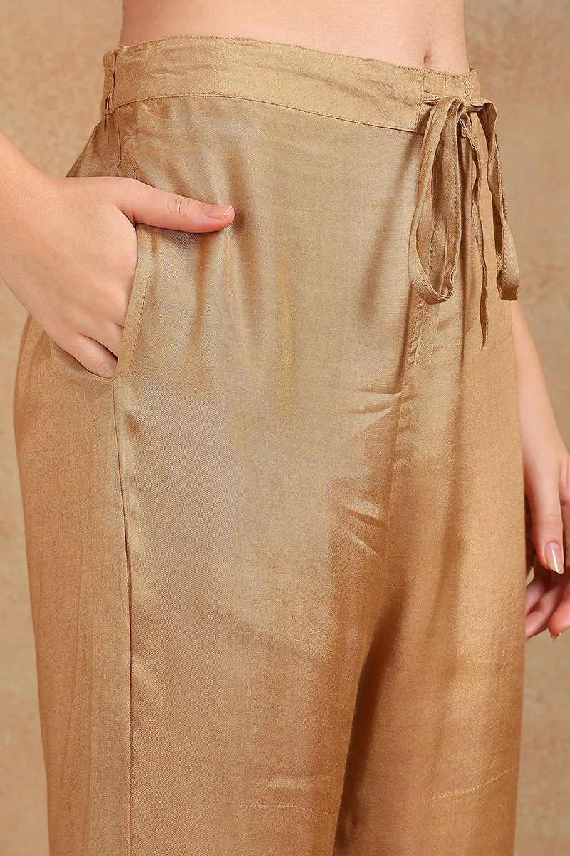 Beige Silk Blend Solid Yoke Design A Line Trouser Suit Set