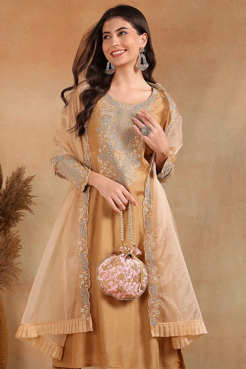 Beige Silk Blend Solid Yoke Design A Line Trouser Suit Set