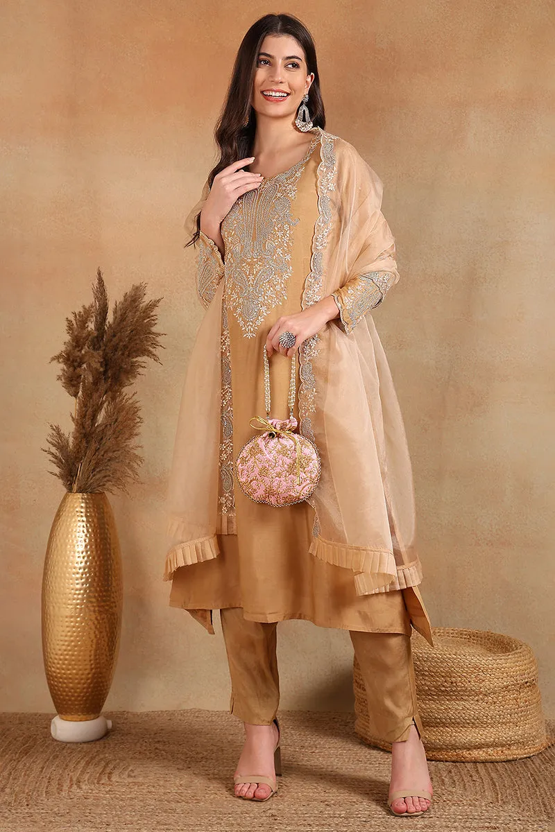 Beige Silk Blend Solid Yoke Design A Line Trouser Suit Set