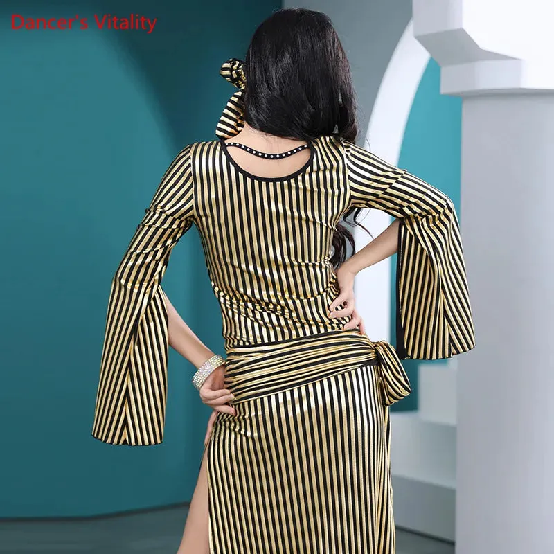 Belly Dance Clothes for Women Long Sleeves Stripes Belly Dancing Performance Robes Girl's Baladi Shaabi Oriental Dance Clothing