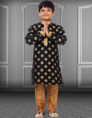 Black Kurta Pajama Printed Dhupion Silk