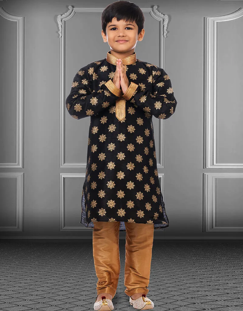 Black Kurta Pajama Printed Dhupion Silk