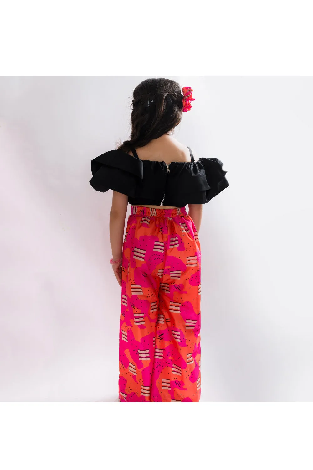 Black Layered Off Shoulder Top With Candy Printed Palazzo Set