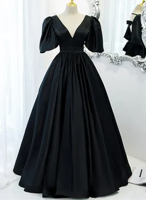 Black Satin Deep V-neckline Long Formal Dress, Black Evening Dress Prom Dress