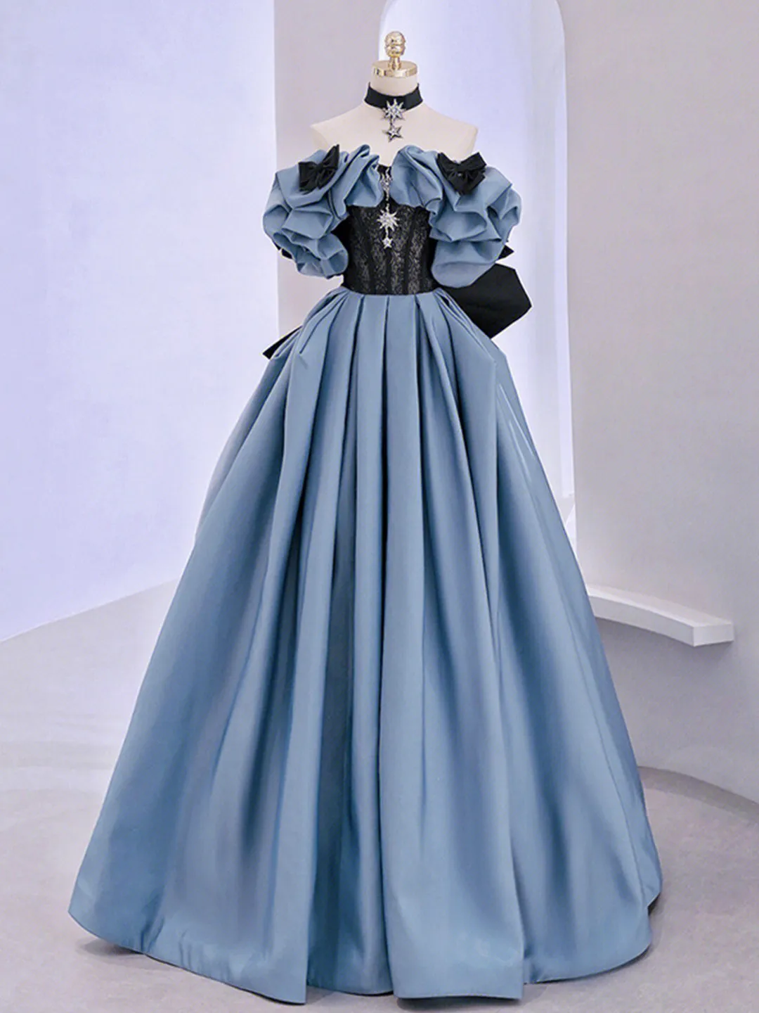 Blue Satin Lace Long Prom Dress Off Shoulder Evening Dress