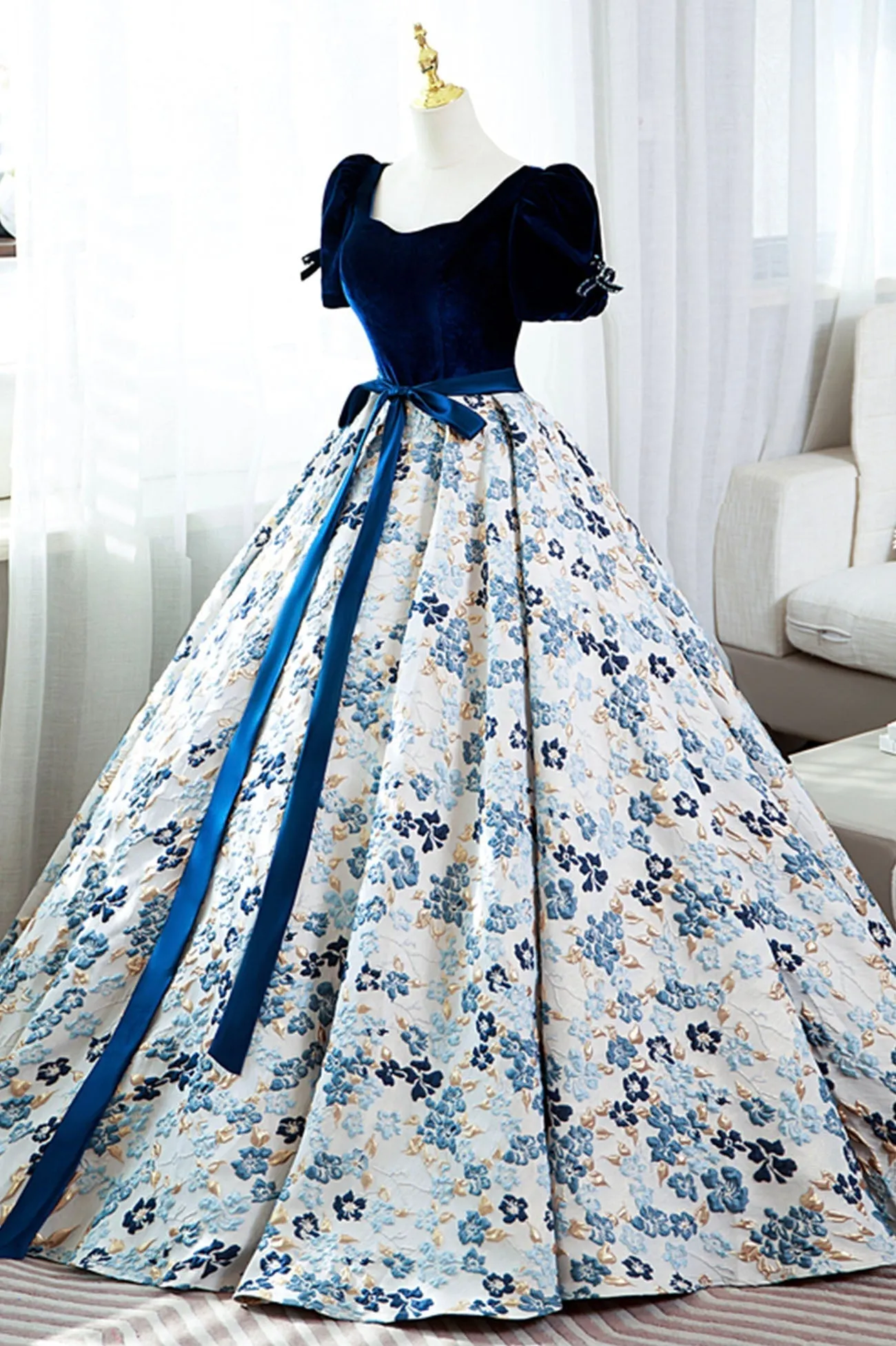 Blue Short Sleeve A-Line Floor Length Prom Dress Blue Evening Dress