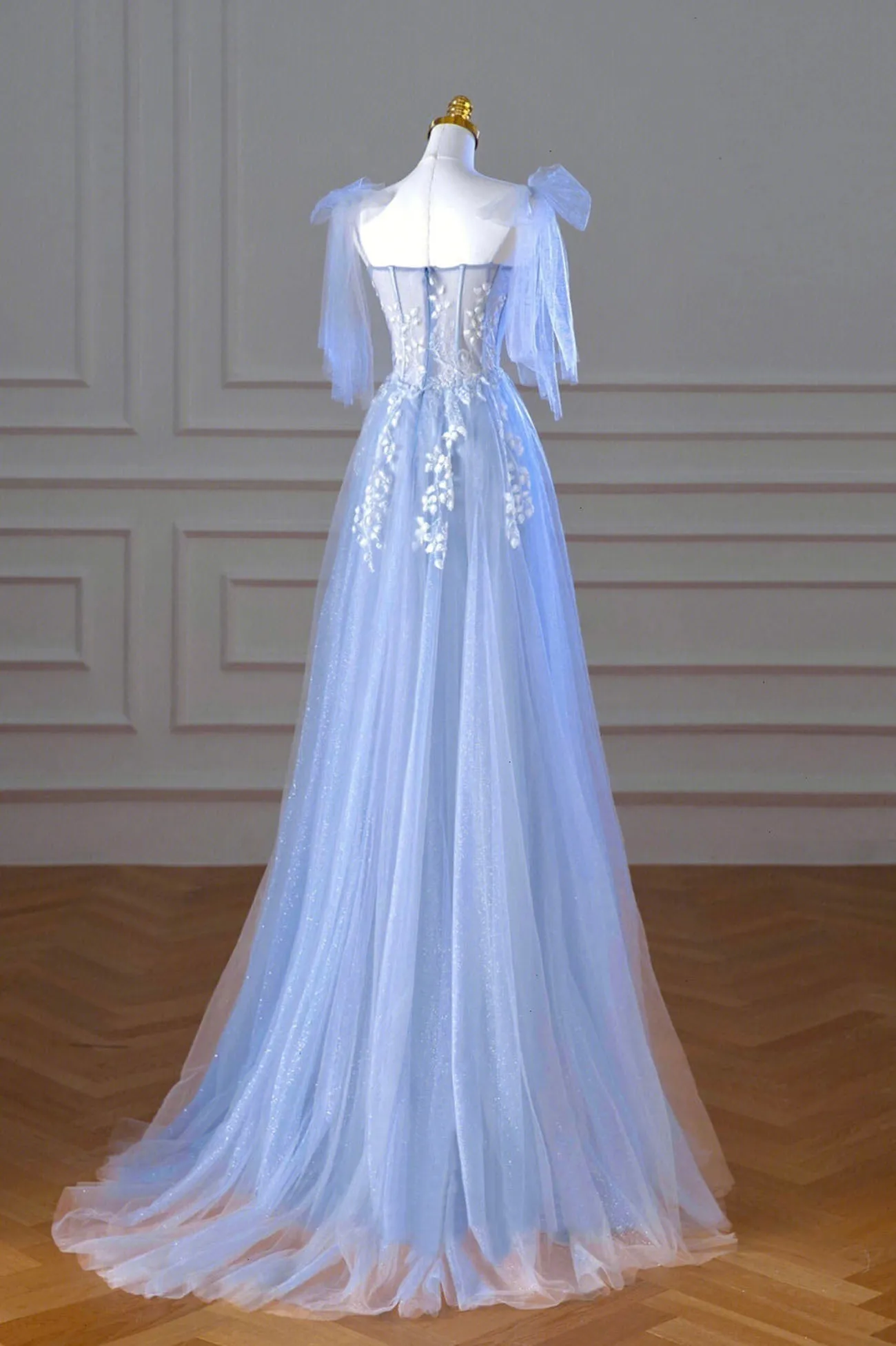 Blue Spaghetti Strap Tulle Lace Long Prom Dress A-Line Evening Party Dress