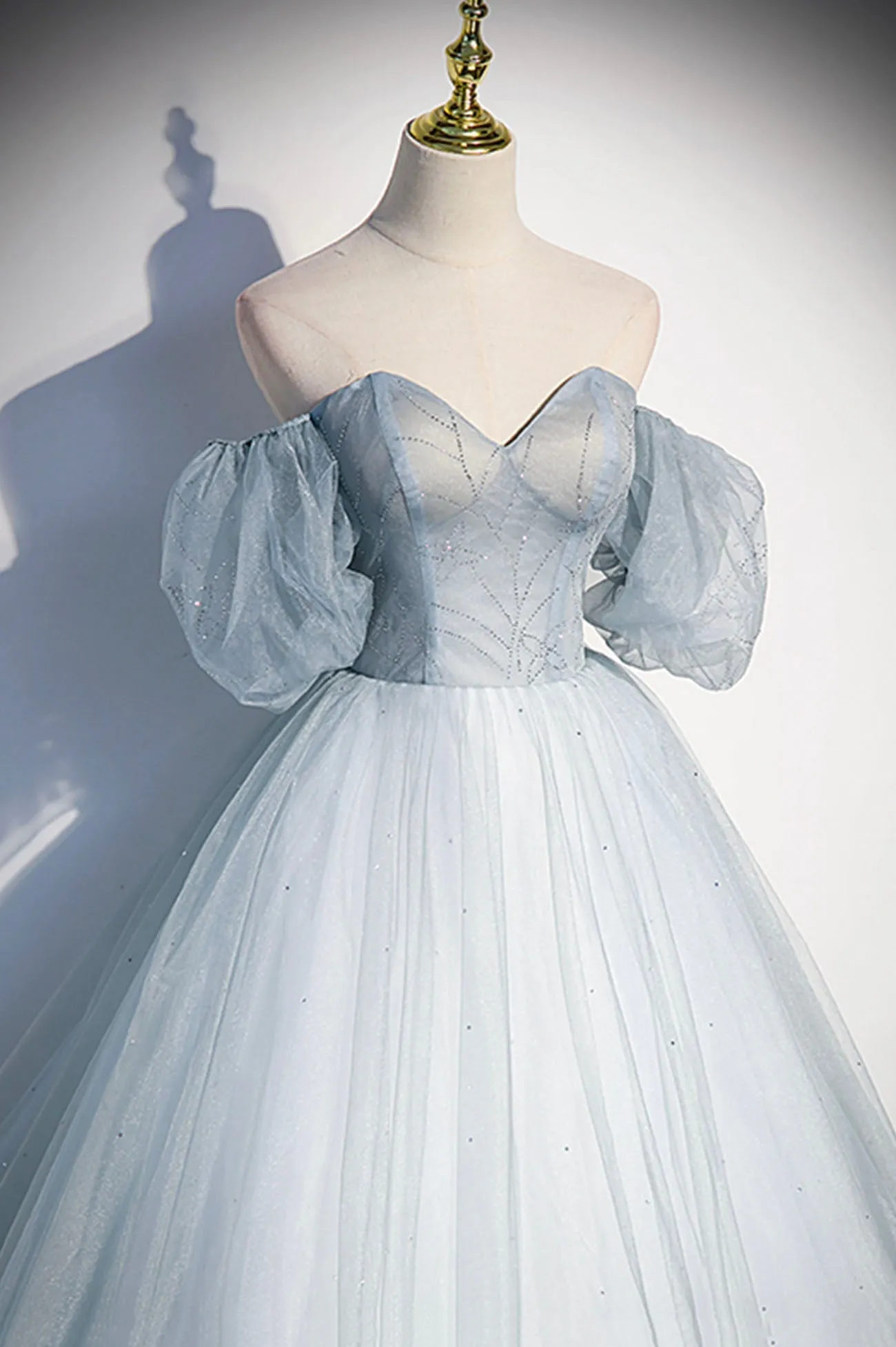 Blue Tulle Long A-Line Ball Gown, Off the Shoulder Formal Evening Dress