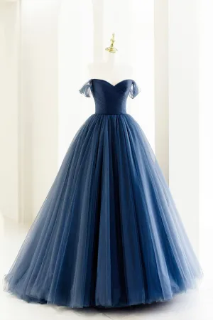 Blue Tulle Long A-Line Prom Dress, Off the Shoulder Formal Evening Dress