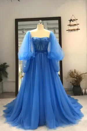 Blue Tulle Long Sleeve Prom Dress, A-Line Tulle Formal Evening Dress