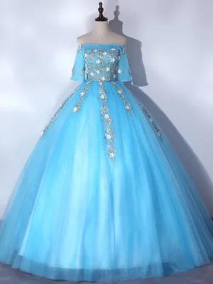 Blue Tulle Off the Shoulder Short Sleeve Appliques Quinceanera Dress