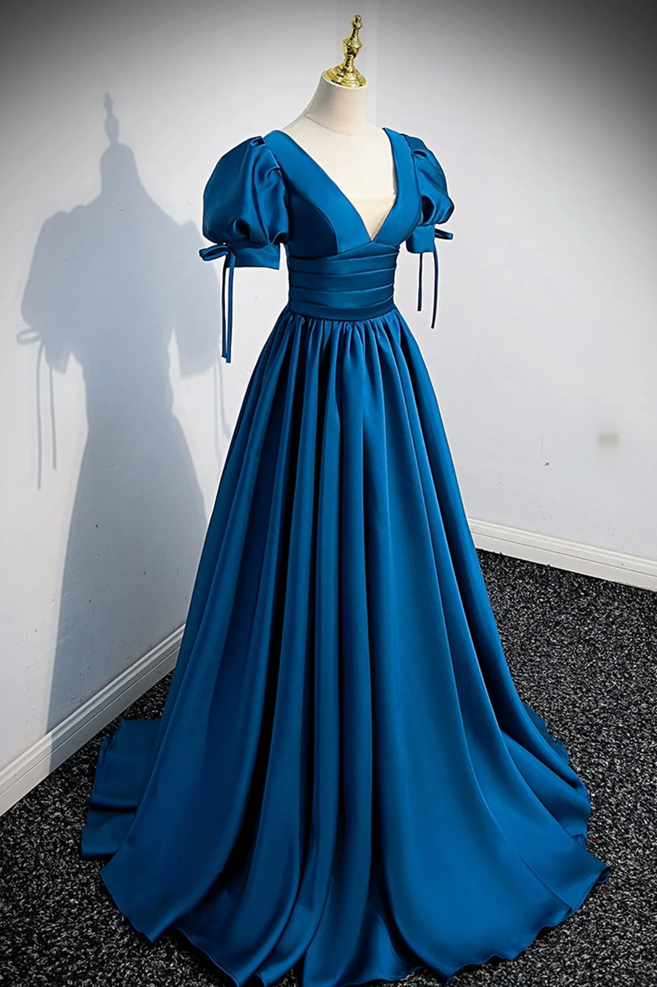 Blue V-Neck Satin Long Prom Dress, A-Line Short Sleeve Evening Dress