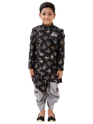 Boy's Black And Grey Silk Blend Indowestern Sherwani And Dhoti Set - JBN Creation