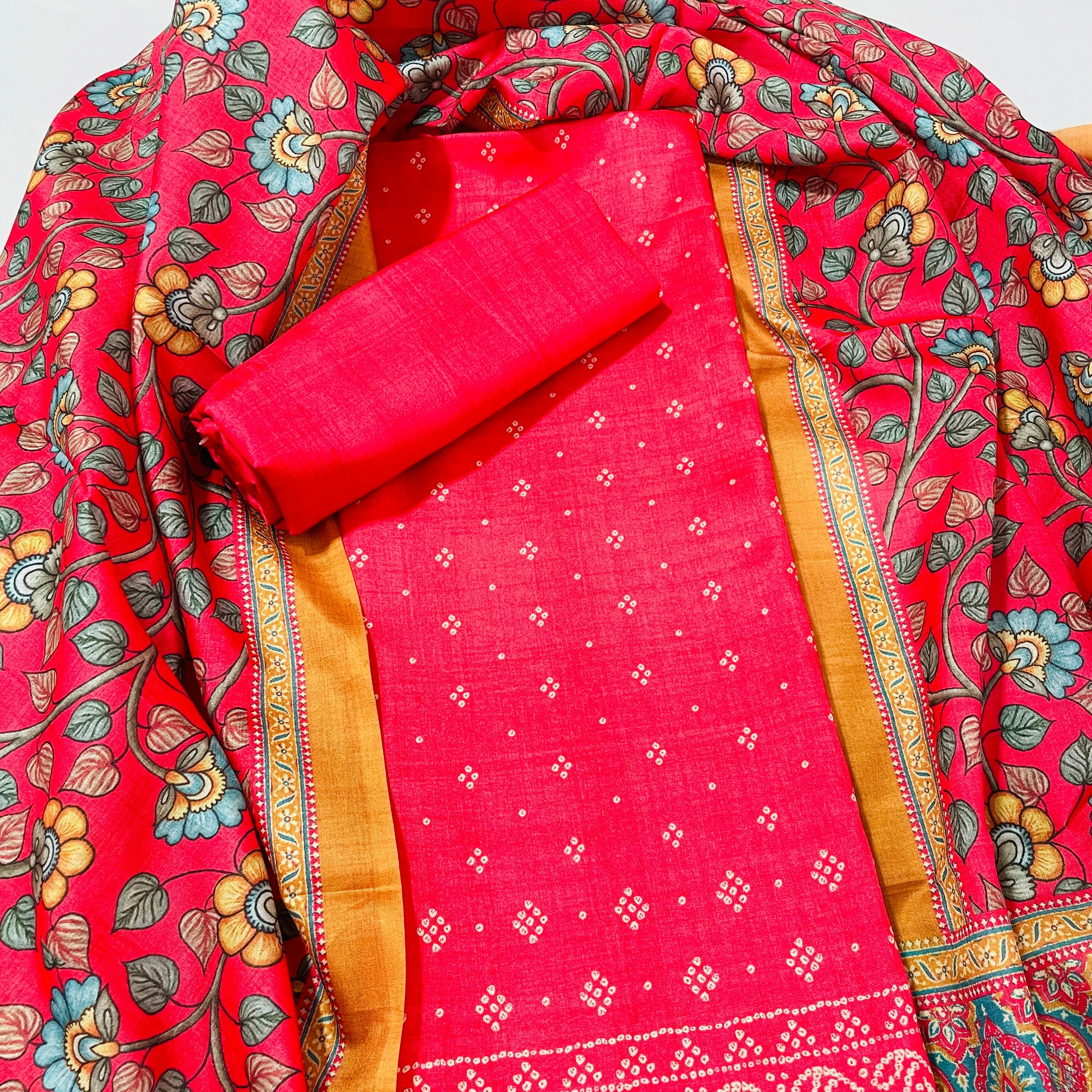 Bright Pink Multicolor Floral Print Ghicha Silk Suit Set With Dupatta