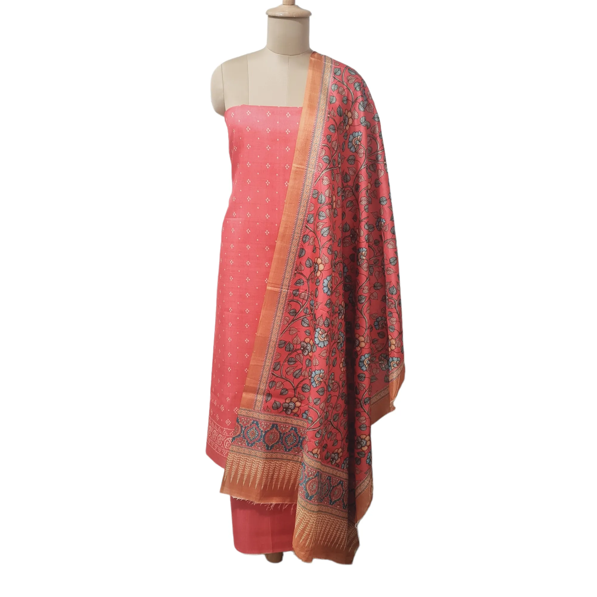 Bright Pink Multicolor Floral Print Ghicha Silk Suit Set With Dupatta