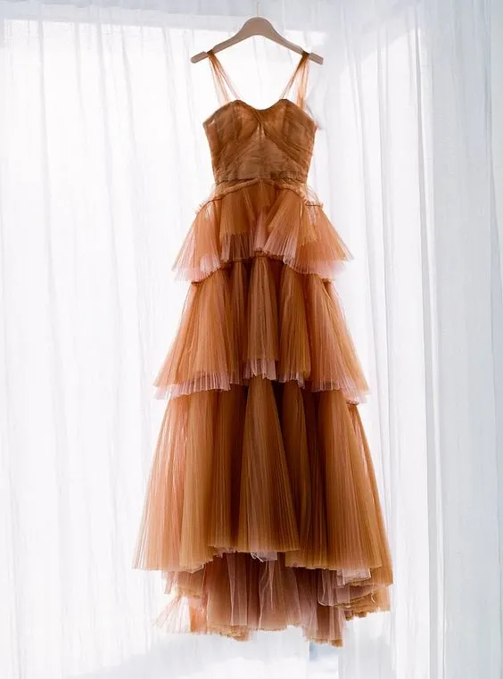 Brown tulle long prom dress evening dress