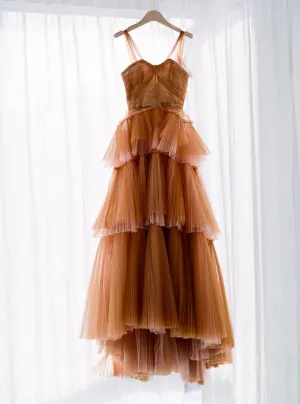 Brown tulle long prom dress evening dress