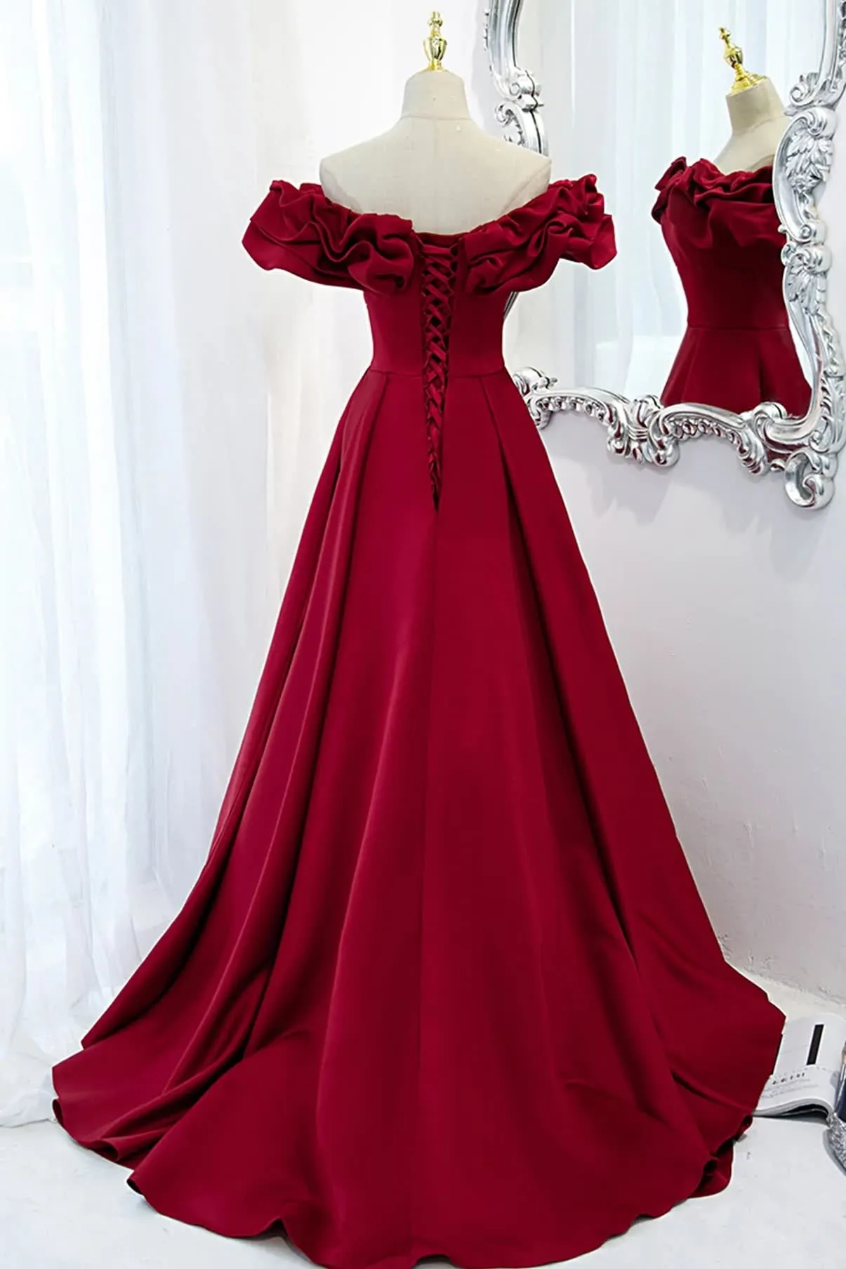 Burgundy Off Shoulder Long A Line Prom Dress Evening Dress