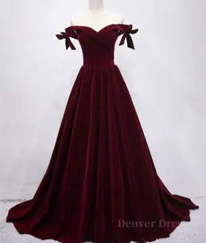 Burgundy Off Shoulder Velvet Long Prom Dress Off Shoulder Burgundy Graduation Dress Evening Dress