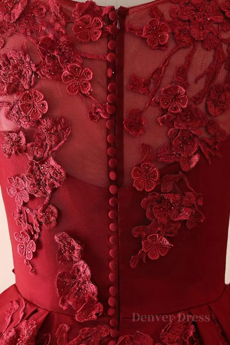 Burgundy round neck lace long prom dress burgundy evening dress