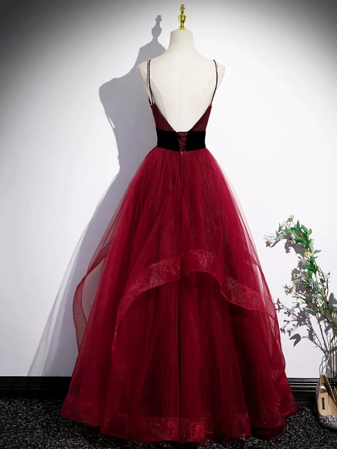 Burgundy Spaghetti Strap Tulle Long Corset Prom Dress A-Line Evening Party Dress