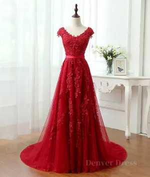 Burgundy tulle lace applique long prom dress burgundy evening dress