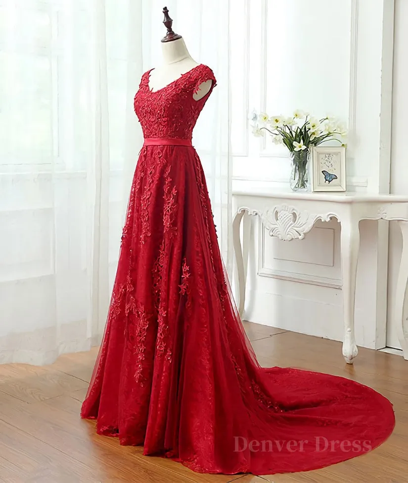 Burgundy tulle lace applique long prom dress burgundy evening dress