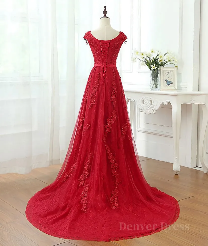 Burgundy tulle lace applique long prom dress burgundy evening dress