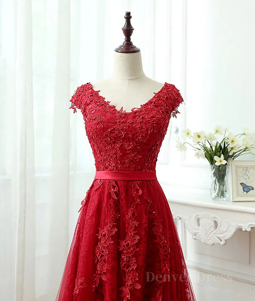 Burgundy tulle lace applique long prom dress burgundy evening dress