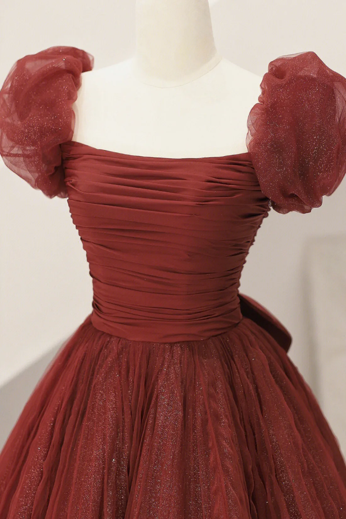 Burgundy Tulle Long A-Line Prom Dress, Cute Short Sleeve Evening Dress