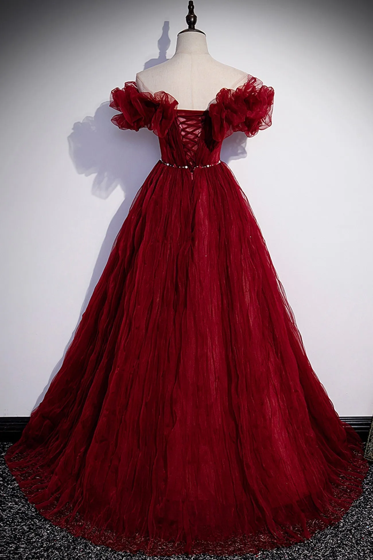 Burgundy Tulle Long Prom Dresses A-Line Off the Shoulder Evening Party Dresses