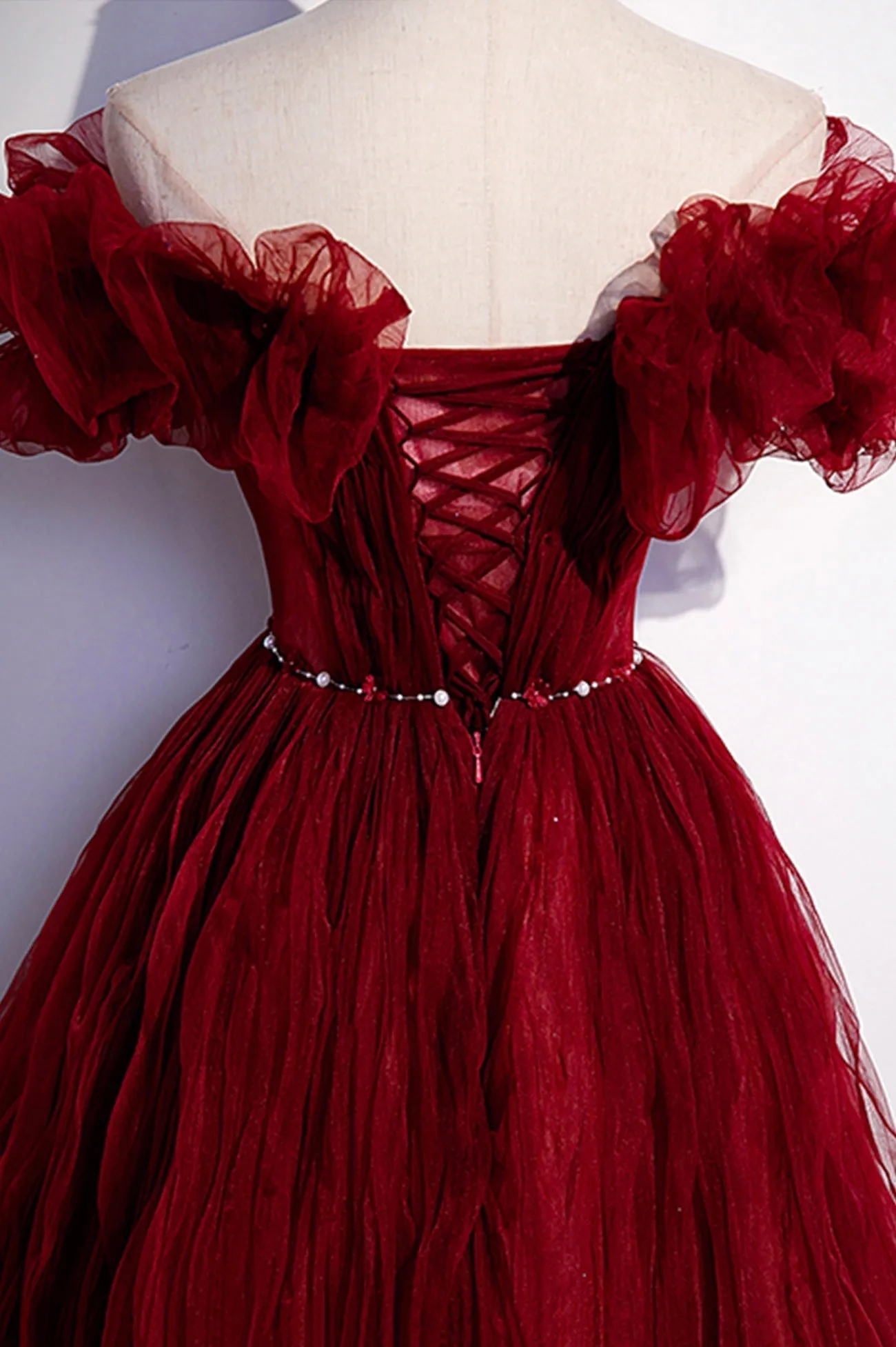 Burgundy Tulle Long Prom Dresses A-Line Off the Shoulder Evening Party Dresses