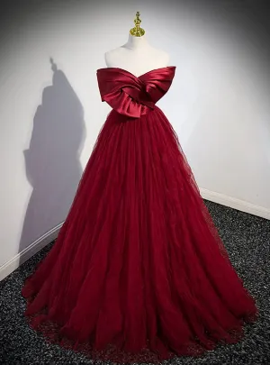 Burgundy Tulle Satin Off the Shoulder Prom Dress