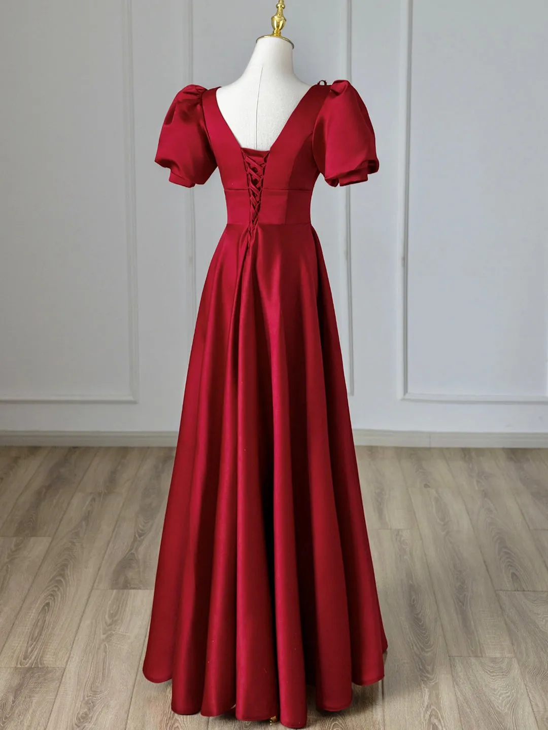 Burgundy V-Neck Satin Long Prom Dress Burgundy Formal Evening Dress