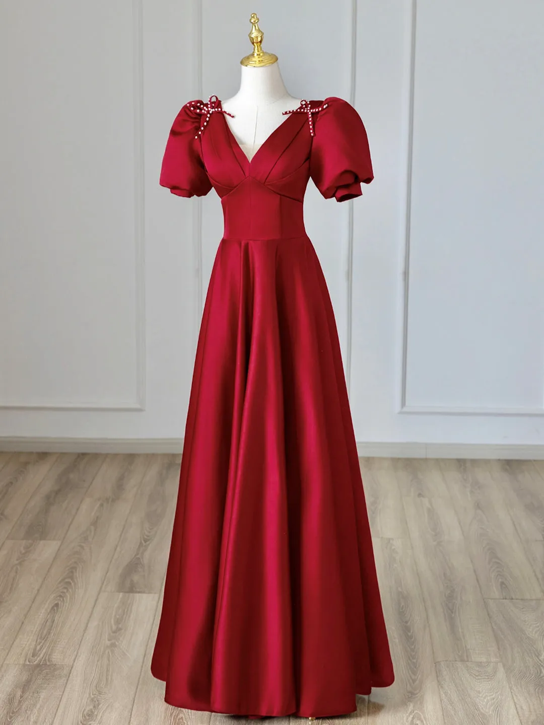 Burgundy V-Neck Satin Long Prom Dress Burgundy Formal Evening Dress