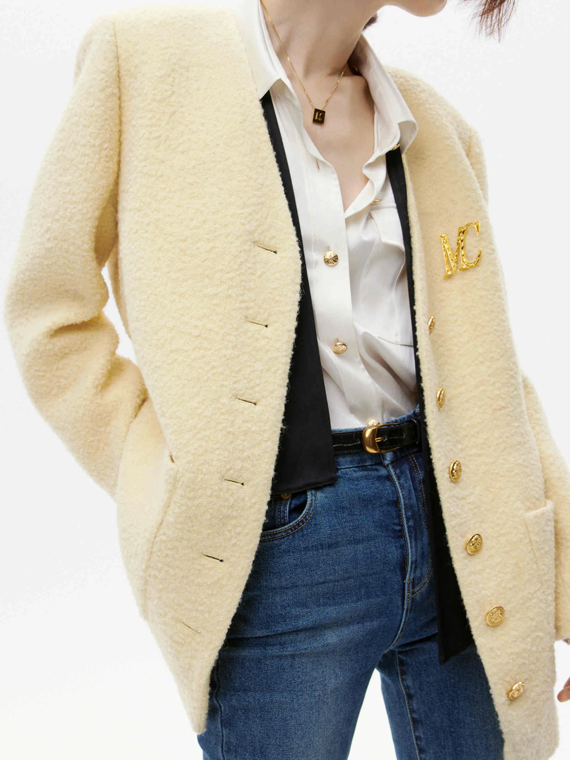 Button Closure Tweed Coat