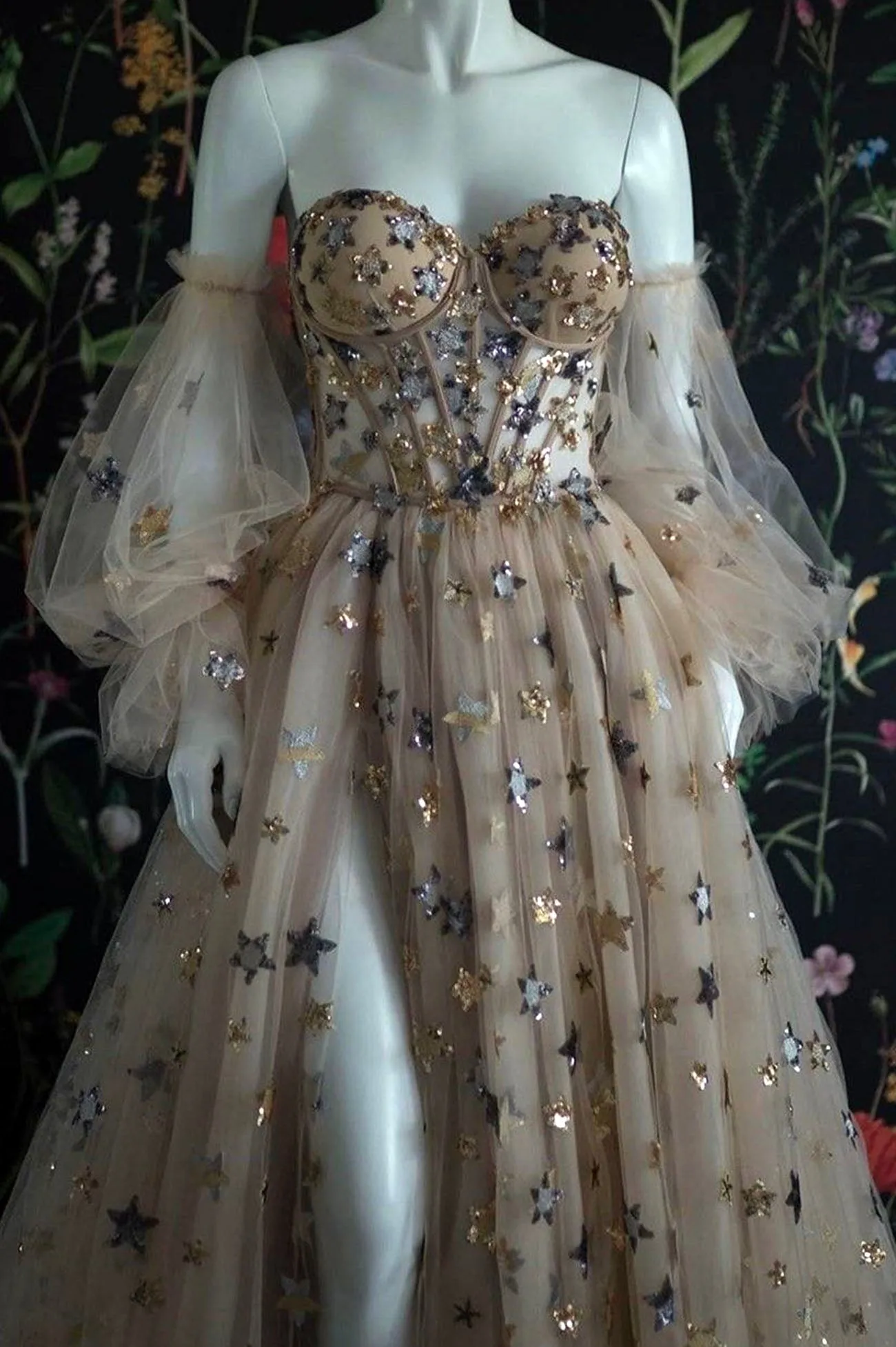 Champagne Tulle Long Prom Dress Off the Shoulder Evening Dress with Stars