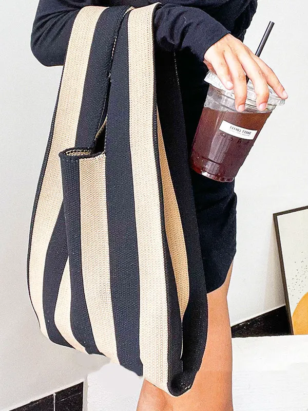 Contrast Color Striped Bags Woven Handbag