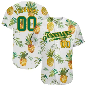 Custom White Kelly Green-Gold 3D Pattern Design Pineapples Authentic Baseball Jersey