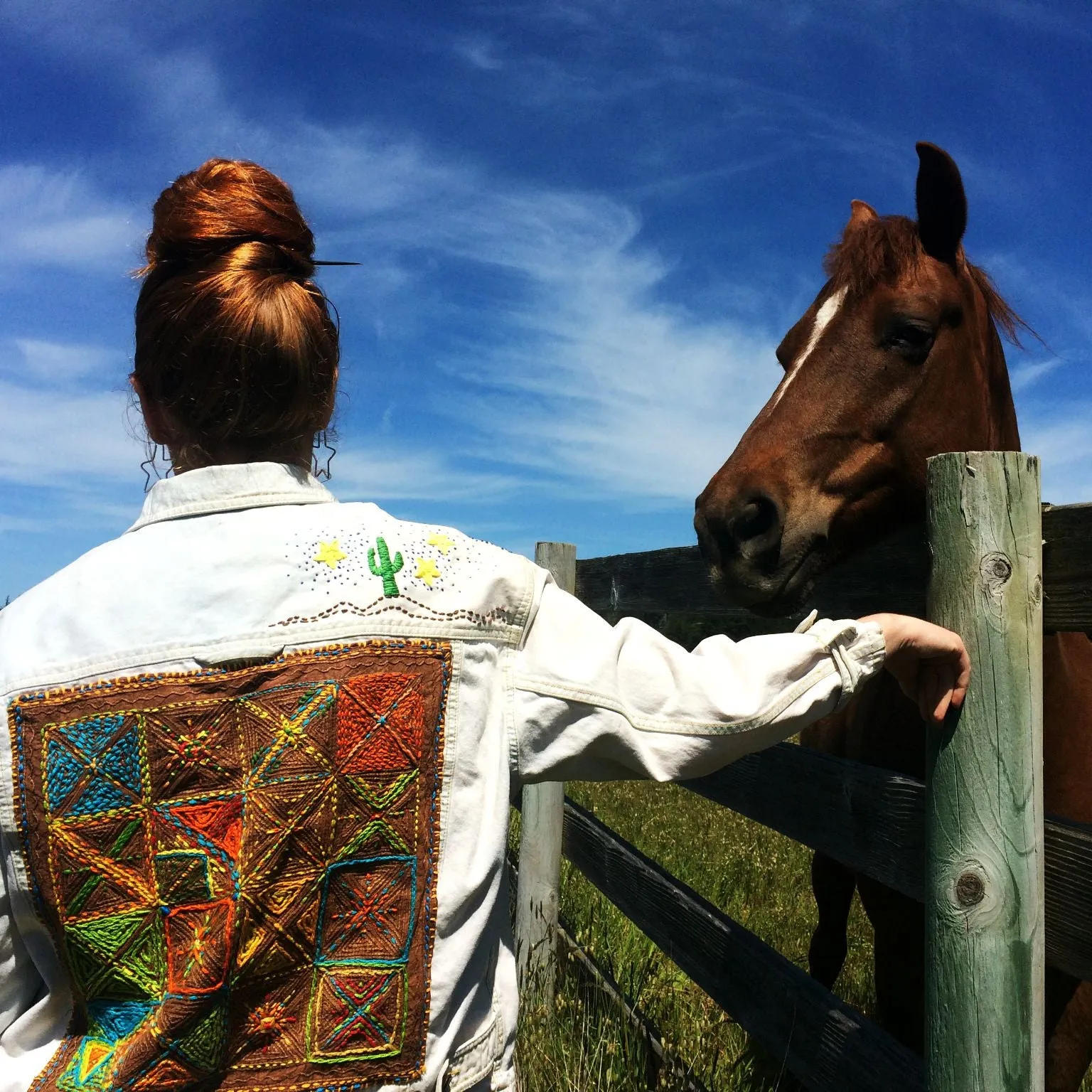 Desert Moon Snake Hand-Embroidered Vintage Denim Jacket